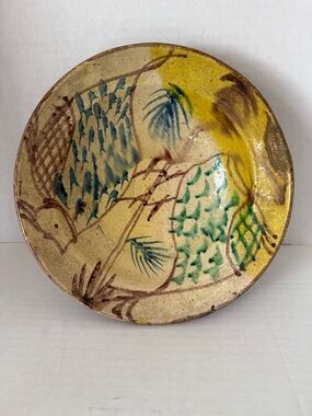 Ceramic bowl hand painted fish and botanical motifs